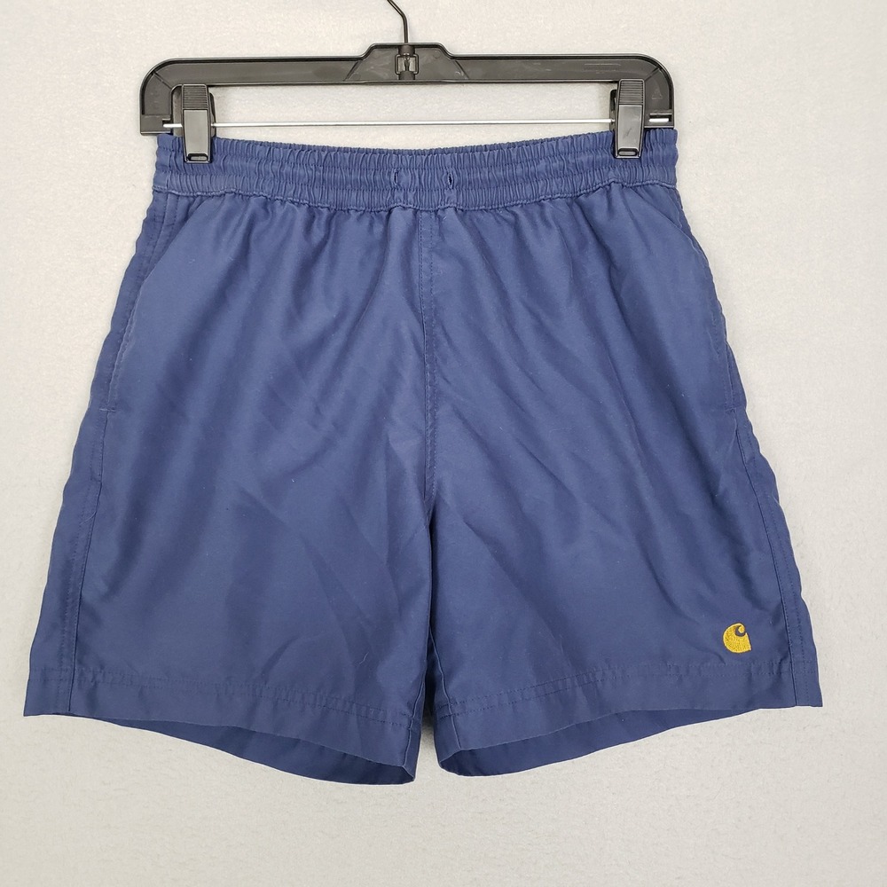 Carhartt Logo Front Chase Swim Trunks Navy Blue‎ Mesh Lined Sporty Beach Size S